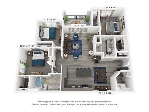 Floor plan for 3 beds, 2 baths, 1499 sqft